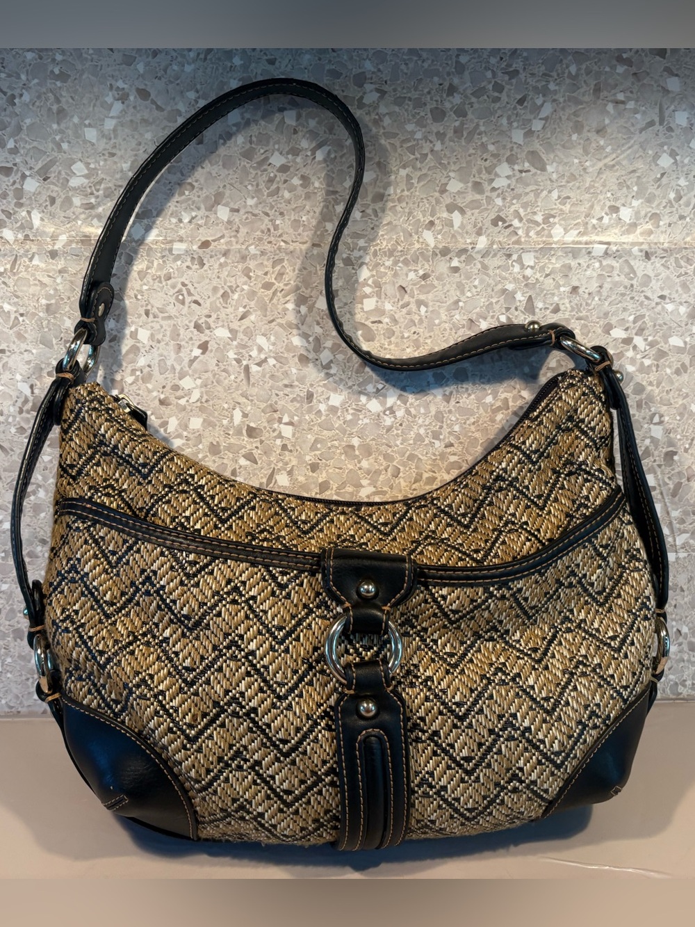 Etienne Aigner hobo shoulder bag Y2K Black Leather Chevron Like New EUC
